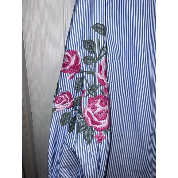 I.N.C. Blue Thin Stripes Embroidered Sleeves Belted Side Zipper Blouse Sz XL - Picture 6 of 14